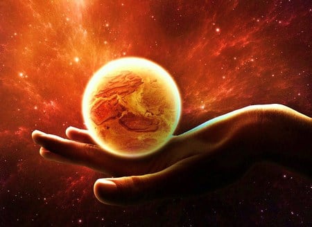 Balance of life - balance, planet, rolling, earth, light, space, hand, milkyway, red glow