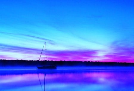 Quiet sails - calm, water, sailboat, windless, blue and pink, sky