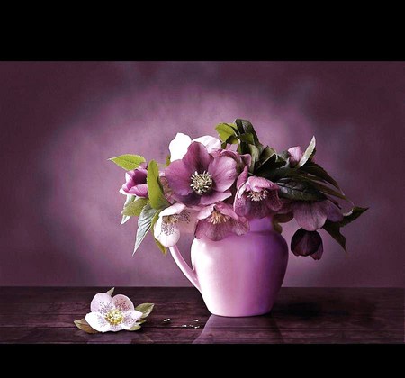 Mauve beauty - vase, petals, green leaves, mauve and white flowers