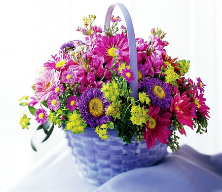 Basket of cheer - purple, cheery, yellow, pink, blue, flowers, basket