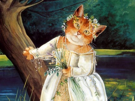 The Bride - cat, water, bride, weddig dress, painting, forest, river, tree, flowers