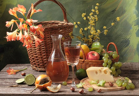 still life - abstract, fruits, photography, flowers, basket, wine, still life