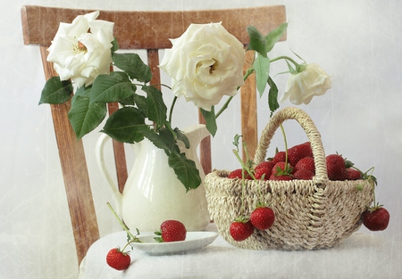 still life - white, strawberry, chair, roses, red, beautiful, basket, still life