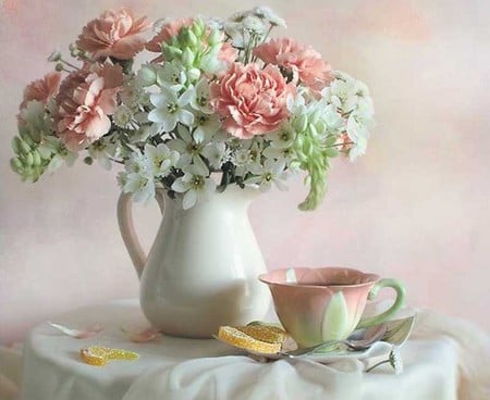 ................ Lovely Vase ................. - rose, wall, vase, cup, white, pastel, towel, table, tablecloth, pink, flowers, slice, bottle, carnation, saucer, orange, green, lemon