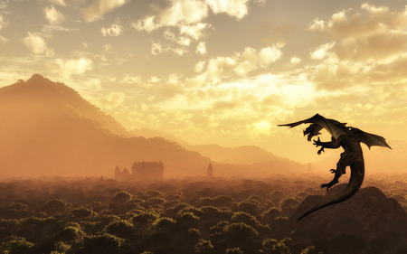 Draconigenia Regressio - trees, mountain, clouds, castle, dragon, sunset, cg