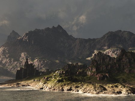 Rocky Shore Castle - dark, clouds, castle, mountains, shore, cg, rocks