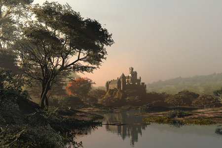 The Valley Castle - valley, trees, reflection, castle, dusk, cg