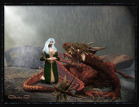 Beauty and the Beast - beauty, woman, dark, dragon, rocks, cg