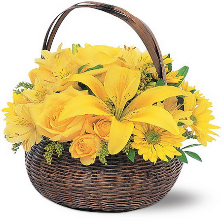 floral basket - rose, lily, yellow, floral, basket, gerber