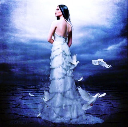 Peace within - white gown, woman, flight, gentleness, doves, peace