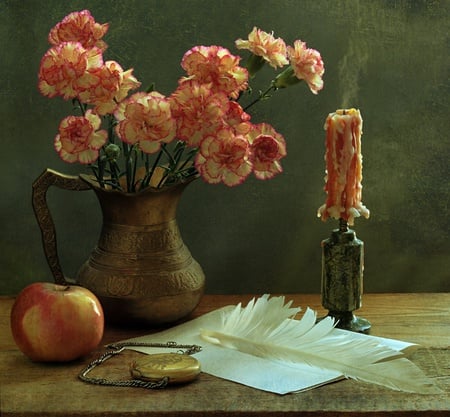 still life - abstract, pen, beautiful, candle, letter, clock, still life, flowers, apple, fruits