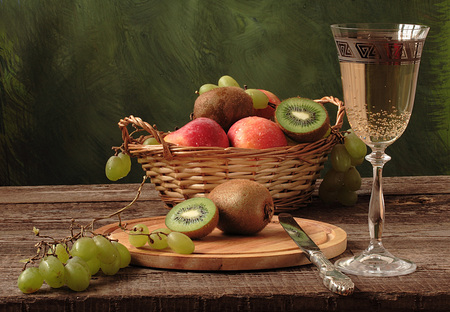 still life - photography, still life, drink, grapes, wine, champagne, fruit, apple, kiwi