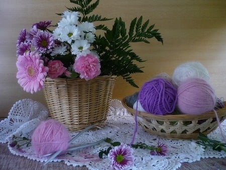 flowers - photography, basket, yarn ball, still life, white, abstract, purple, pink, lace, flowers