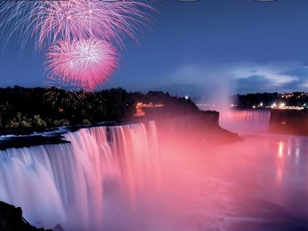 Fireworks over the Falls - waterfalls, night, colored lights, fireworks