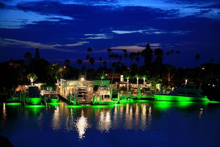 Emerald Bay - boats, docks, green lights, bay