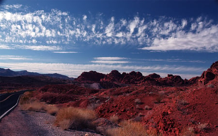 Valley of Fire - clouds, nature, red, deserts, road, mountains, rocks