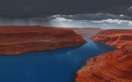 Red Rock - nature, canyon, river, clouds, storm, cg