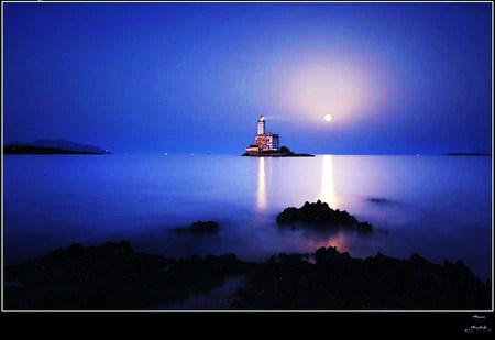 Two beacons - moon, lighthouse, reflections shore, blue night, water, beams