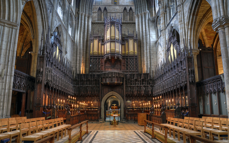 Ripon Cathedral Choir - stained, choir, organ, glass, architecture, chairs, medieval, hall