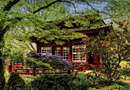 Garden House - red house, trees, flowers, garden, shrubs