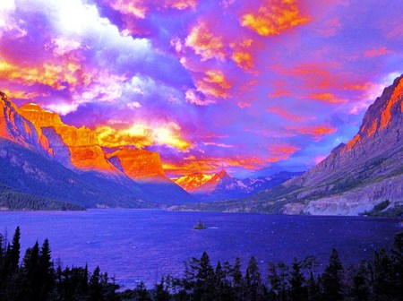 Mountains aglow - aglow, lake trees, blue, red sky, montana, glacier lake, sunrise, mountains