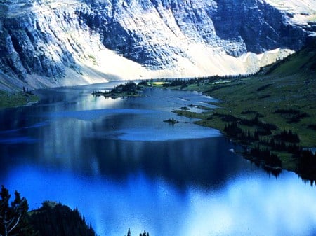 Glacier hidden lake - cove bay, snow, blue, shore, mountains, crystal lake