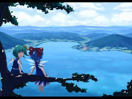 Gensokyo lake view - horizon, touhou, lake, sight, gensokyo, panorama, daiyousei, cirno