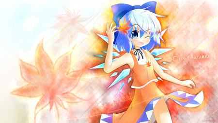 Autumn Cirno - touhou, autumn, orange, mapple leaf, cirno