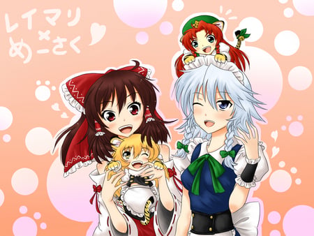 MariXReimu, SakuXMei - china, hong meiling, transform, touhou, reimu, kirisame marisa, hakurei reimu, miko, neko, maid, meiling, cat, izayoi sakuya, witch, sakuya, cute, marisa