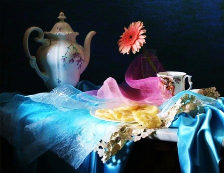 Standing alone - gerber daisy, chiffon, satin, glass, tea pot, pink, tea cup