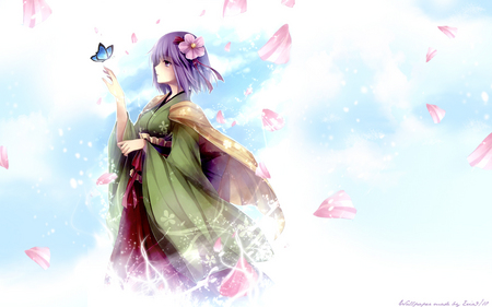 Hieda no Akyu - hieda no akyu, touhou, butterfly, petals, hair flower, kimono, anime, purple hair