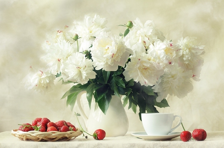 still life - vase, strawberries, beautiful, still life, harmony, flowers, white, nature, red, tender, cup