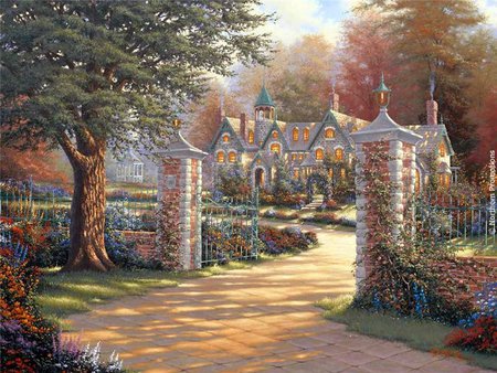 Govenor Mansion - house, beautiful, windows, tree, flowers, path, lights, painting, plants