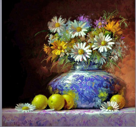 Fruit n flowers - chrysanthemums, blue and white, vase, table shadows, pears