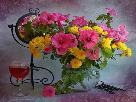 Enchanting - vase, water, petals, still life, flowers, colours, wine, wineglass, mirror, keys, glass