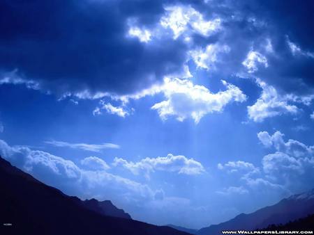 Blue Clouds - sky, filteres sunlight, trees, clouds