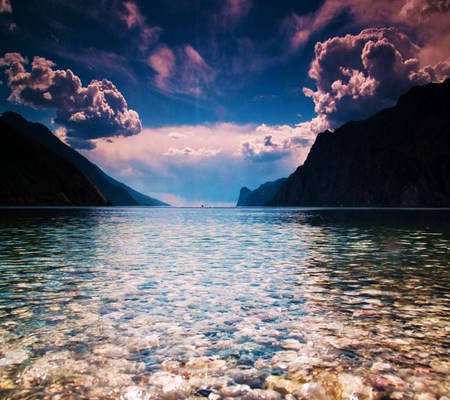 Rain has ended - rocks, pink, water, cliffs, river, rainclouds, clearing, blue