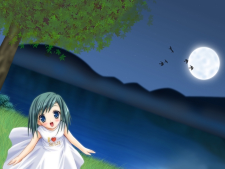 Midori No Hibi - sky, hair, water, hibi, white, no, moutains, hand, green, tree, grass, moon, love, bats, girl, blue, midori no hibi, midori, green hair