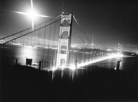 golden gate - moon, beautiful, night, black and white, bridge, lights