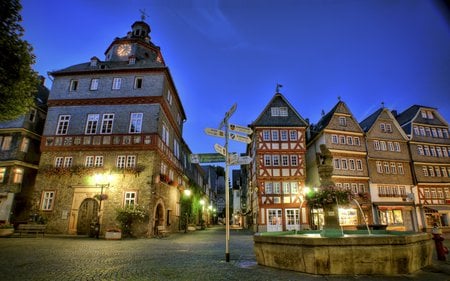 Beautiful Place - street, sky, water, bench, road, fountain, towns, architecture, clock, tree, house, houses, statue, night, cityscapes, nature, town, beautiful, alley, city, streets, flowers, lights