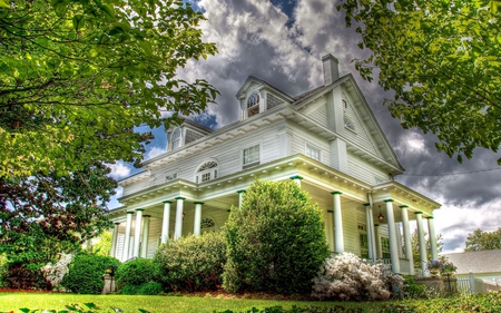 Beautiful House - clouds, house, trees, beautiful, grass, colors, architecture, tree, colorful, green, nice, houses, peaceful, sky