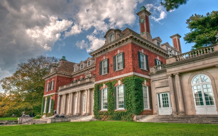 Beautiful House - clouds, house, trees, mansion, beautiful, grass, colors, statues, architecture, tree, stairs, green, houses, sky