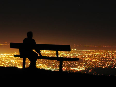 City Lights - bench, city lights, dreaming, man