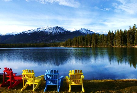 Party of four - trees, yellow, blue red, chairs, canada, nature, four chairs, lake, mountains, lakes