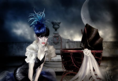 Victoria's Daughter - carriage, hat, moon, fantasy, woman, beautiful, feathers, night