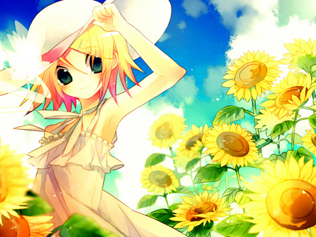 Kagamine Rin - pretty, anime, vocaloid, kagamine, beautiful, flowers, rin, kagamine rin, sunflower, hate, cute