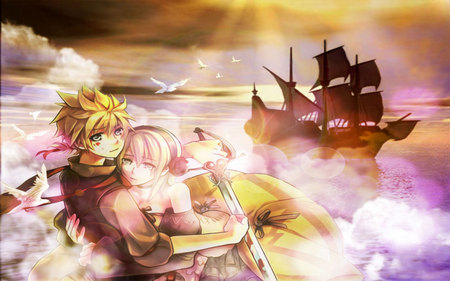 Kagamine Len and Kagamine Rin - pretty, anime, vocaloid, water, kagamine, beautiful, ship, sword, kagamine len, ocean, rin, kagamine rin, sunset, seas, cute, len