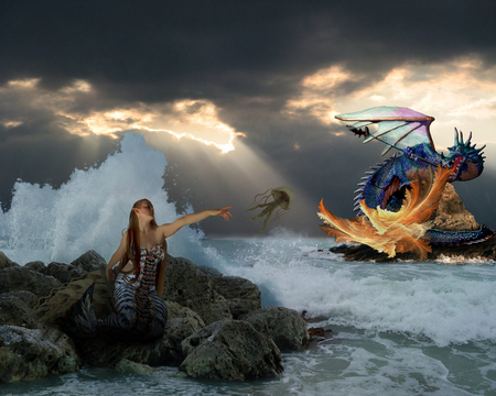 Jellyfish War - clouds, sunshine, jellyfish, dragon, surf, mermaid, flames, spear, rocks