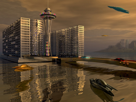 in the near future...... - aircraft, lake, city, future