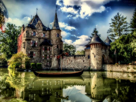 Reflections - reflections, clouds, viking, trees, water, boat, landscape, castle